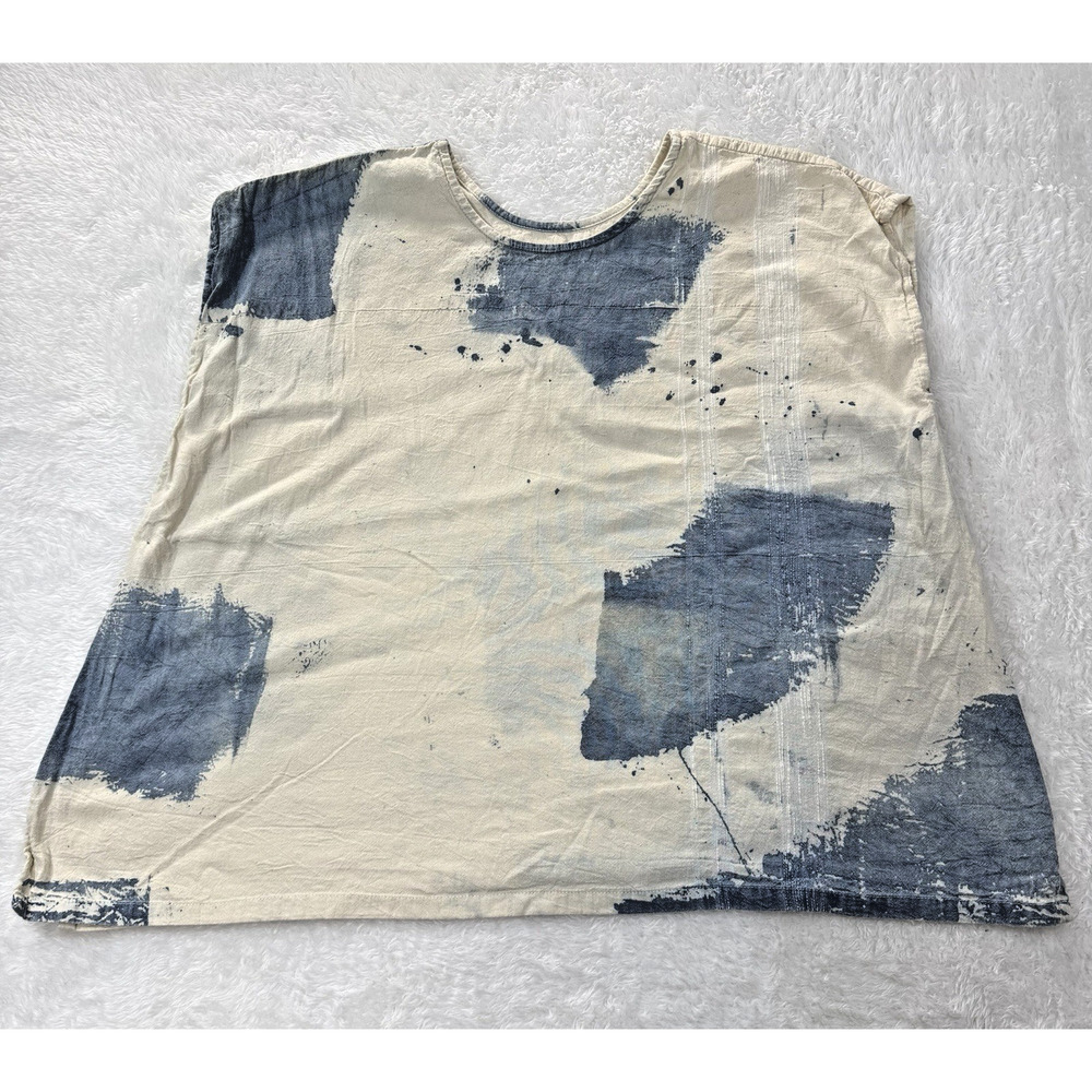Tamaki Niime Paint Splatter Blue Ivory Short Sleeve 100% Cotton Womens Boxy OS